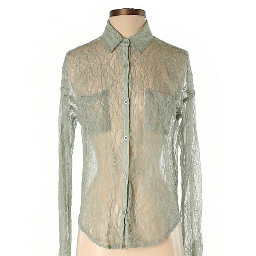 Free People Mint Lace Button Up Shirt